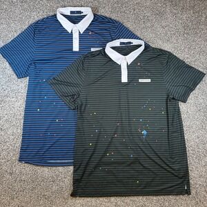 Lot 2 Extracurricular Men XL Blue Green Striped Paint Splatter Performance Polos